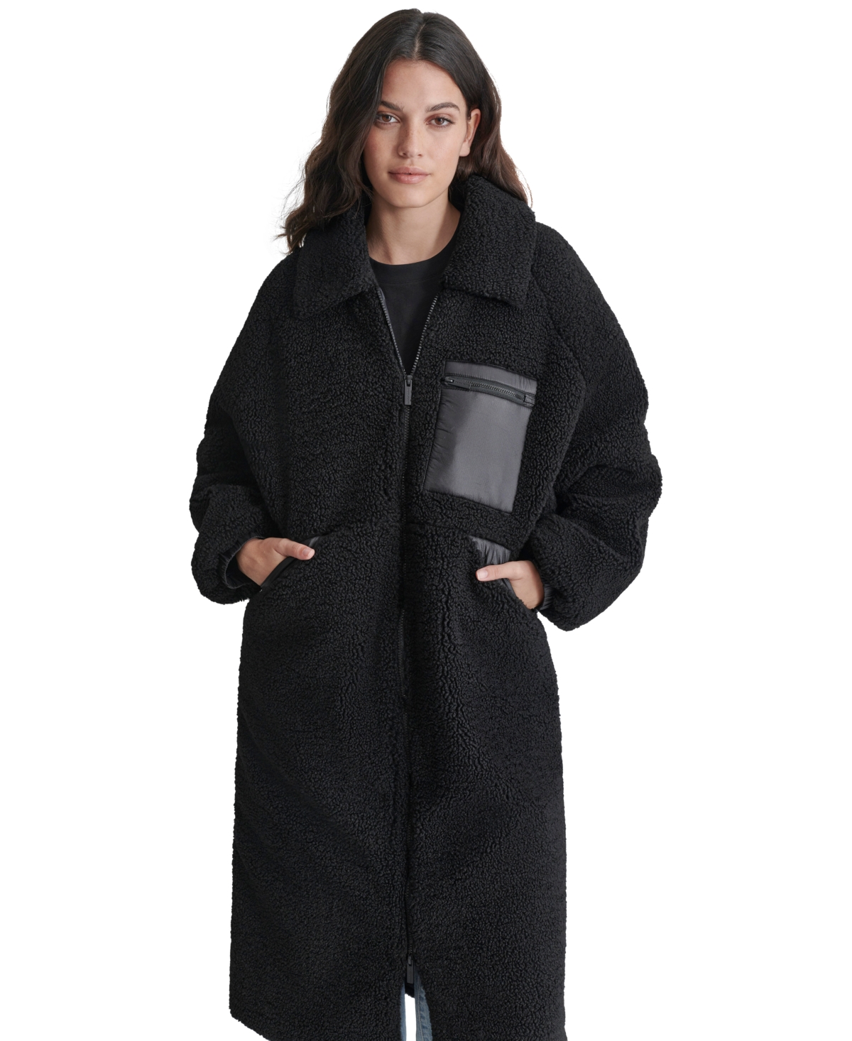 Dkny Jeans Women's Sherpa Fleece Contrast-Trim Zip-Front Coat