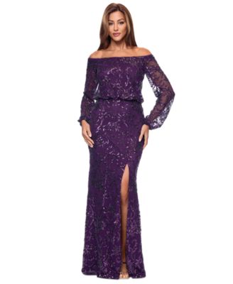 XSCAPE - Women's Sequined Off-The-Shoulder Long-Sleeve Gown