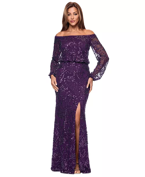 women's sequined off-the-shoulder long-sleeve gown