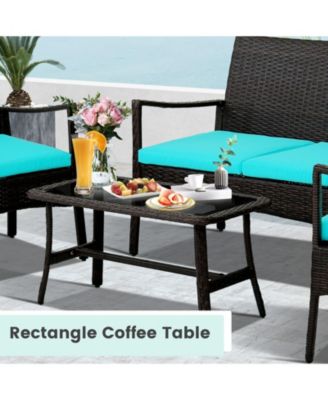 4 Pieces Rattan Conversation Set with Tempered Glass Coffee Table