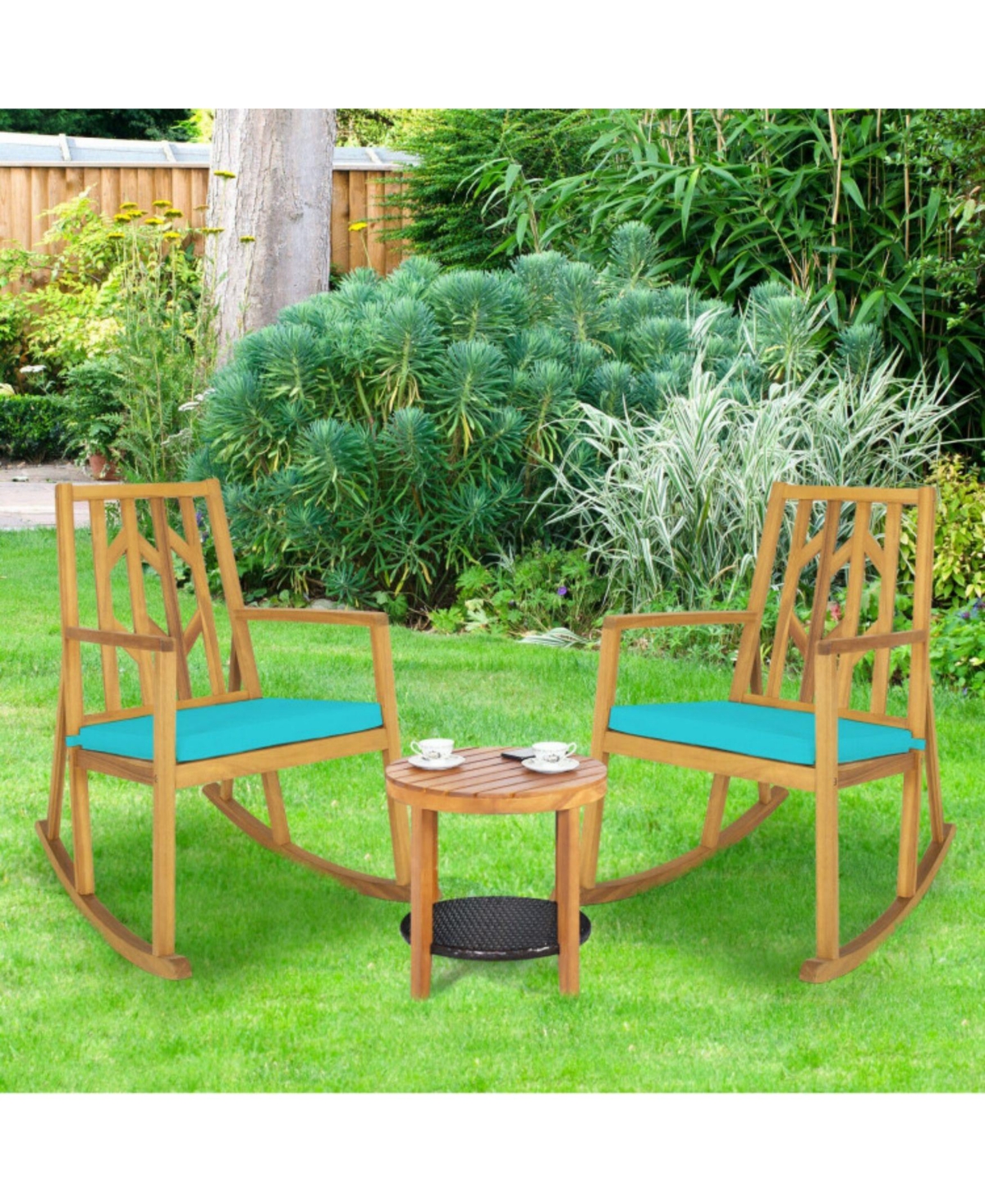 Sugift Patio Acacia Wood Rocking Chair Sofa with Armrest and Cushion for Garden and Deck