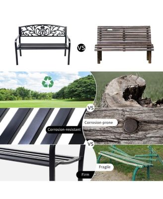 50 Inch Patio Park Steel Frame Cast Iron Backrest Bench Porch Chair