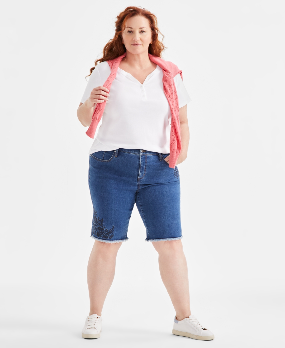 Plus Size Embroidered Denim Bermuda Shorts, Exclusively at Macy's - Bell Emb