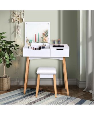 Wooden Vanity Table with Flip Top Mirror and Cushioned Stool