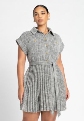 Women's Plus Size Tweed Pleated Mini Shirt Dress