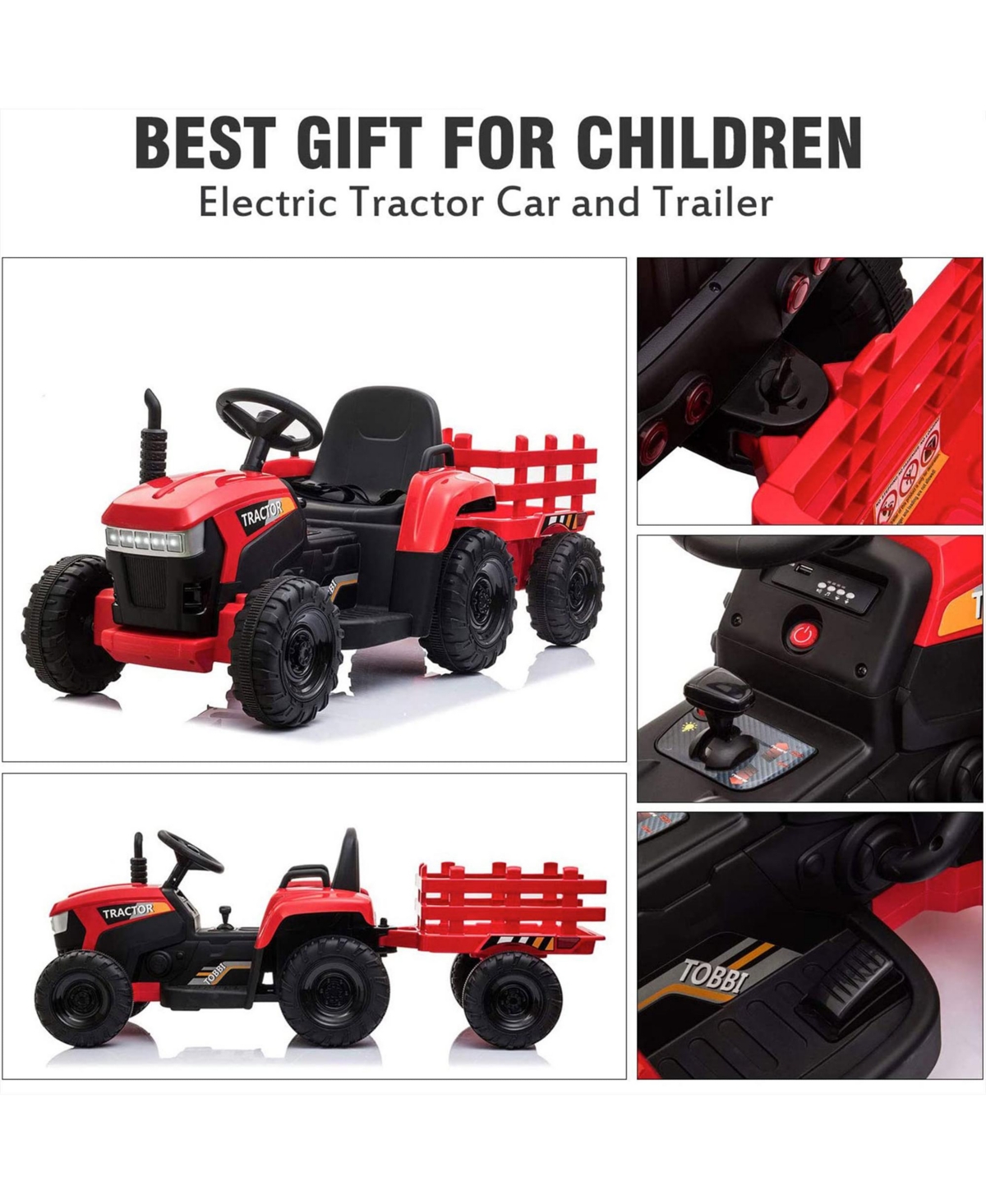 Tobbi 12V Kids Electric Battery-Powered Ride On Toy Tractor with Trailer,- Red