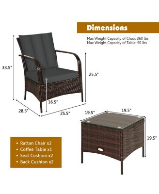 3 Pieces Patio Rattan Conversation Set with Glass Top Coffee Table and Cushions