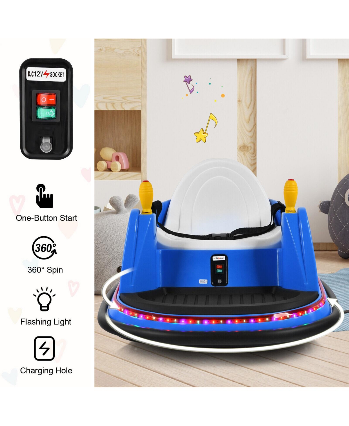 Sugift 12V Kids Ride On Bumper Car 360-Degree Spin Race Toy with Remote Control