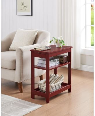 Slim Wood Side End Table with Storage Shelves & Pull-Out Tray, Nightstand for Bedroom, Living Room