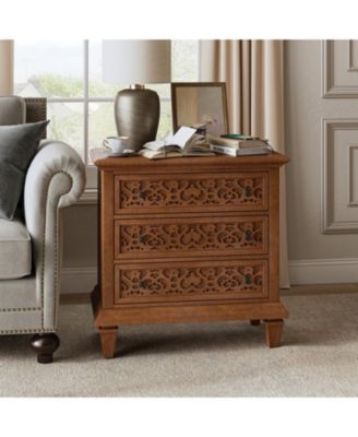 Talona 29'' W Transitional Carved 3 - Drawer End Table with Built-In Outlets and Solid Wood Legs