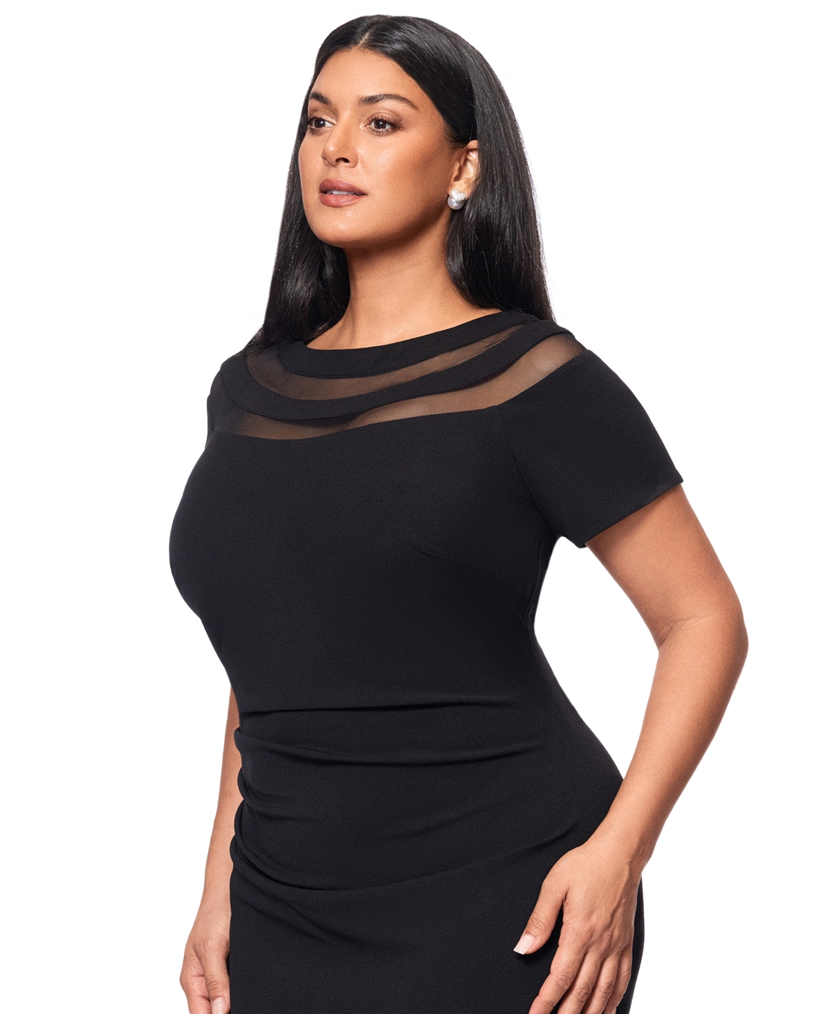 Xscape Plus Size Illusion Boat-neck Short-sleeve Gown In Black