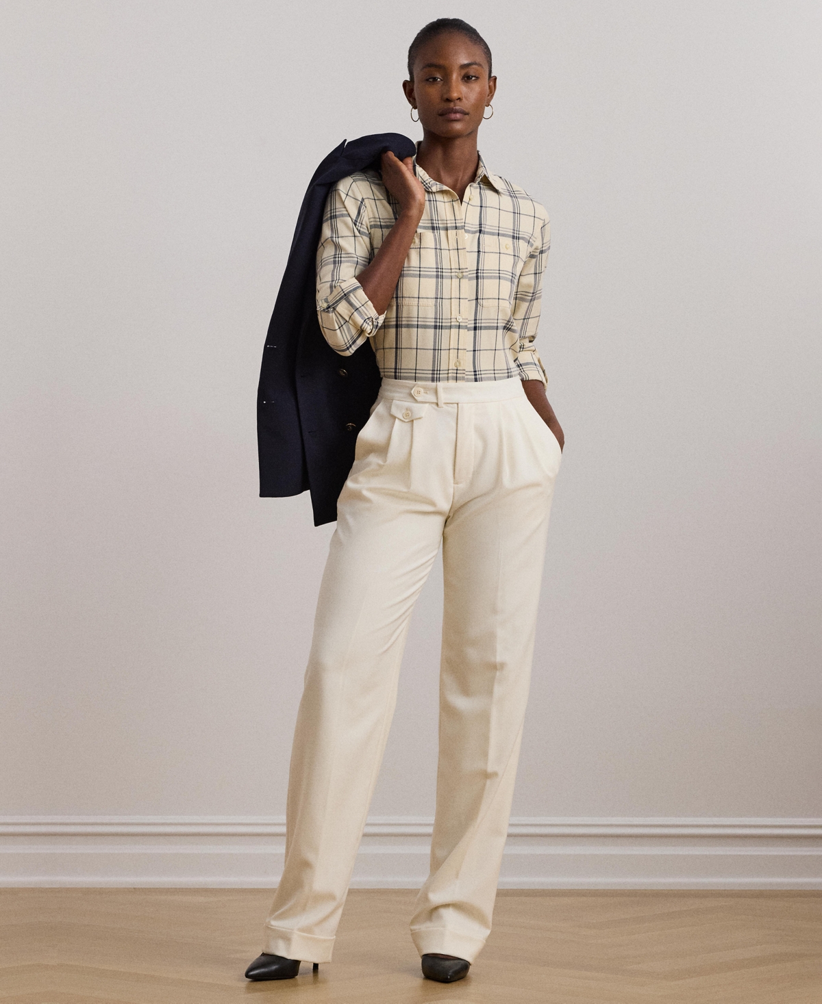 Lauren Ralph Lauren Women's Relaxed-Fit Plaid Roll-Tab-Sleeve Shirt -navy