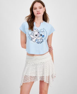 Juniors' Stitch and Angel Embellished Raglan Baby Tee