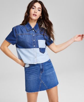 And Now This - Women's Mixed-Media Patch-Pocket Button-Front Denim Shirt