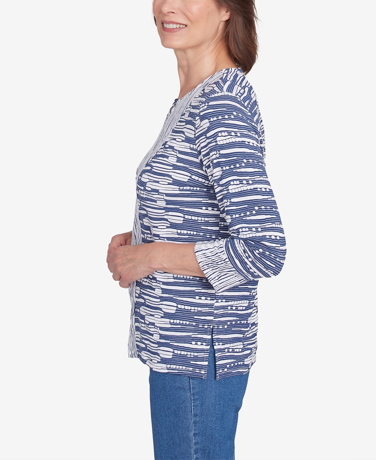 Shop Alfred Dunner Petite Split Neck Spliced Texture Top In Navy
