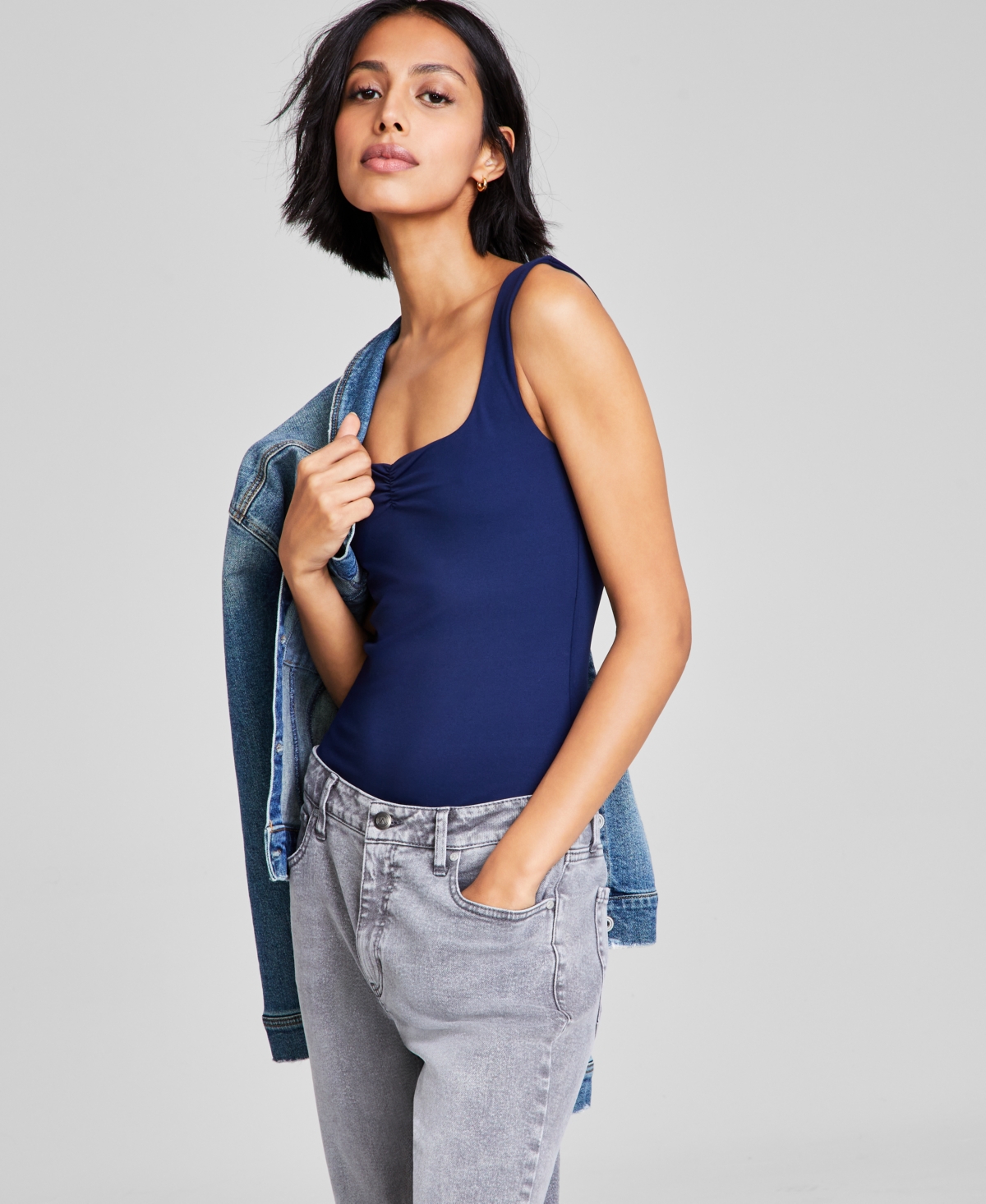 Women's Ruched Square-Neck Tank Bodysuit, Exclusively at Macy's - Indigo Batik
