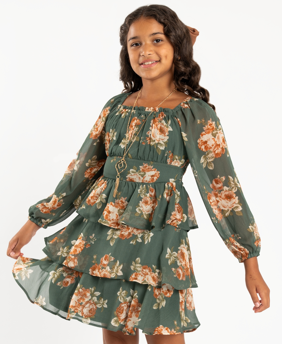 Rare Editions Big Girls Tiered Chiffon Dress with Hair Tie and Necklace, 3-Pieces