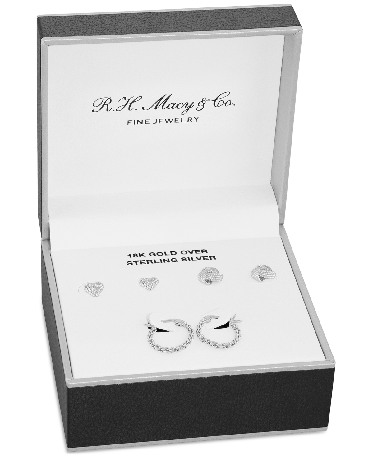 Macy's 3-pc. Set Loveknot Stud & Twisted Hoop Earrings In 18k Gold Over Sterling Silver Or Sterling Silver In Silver