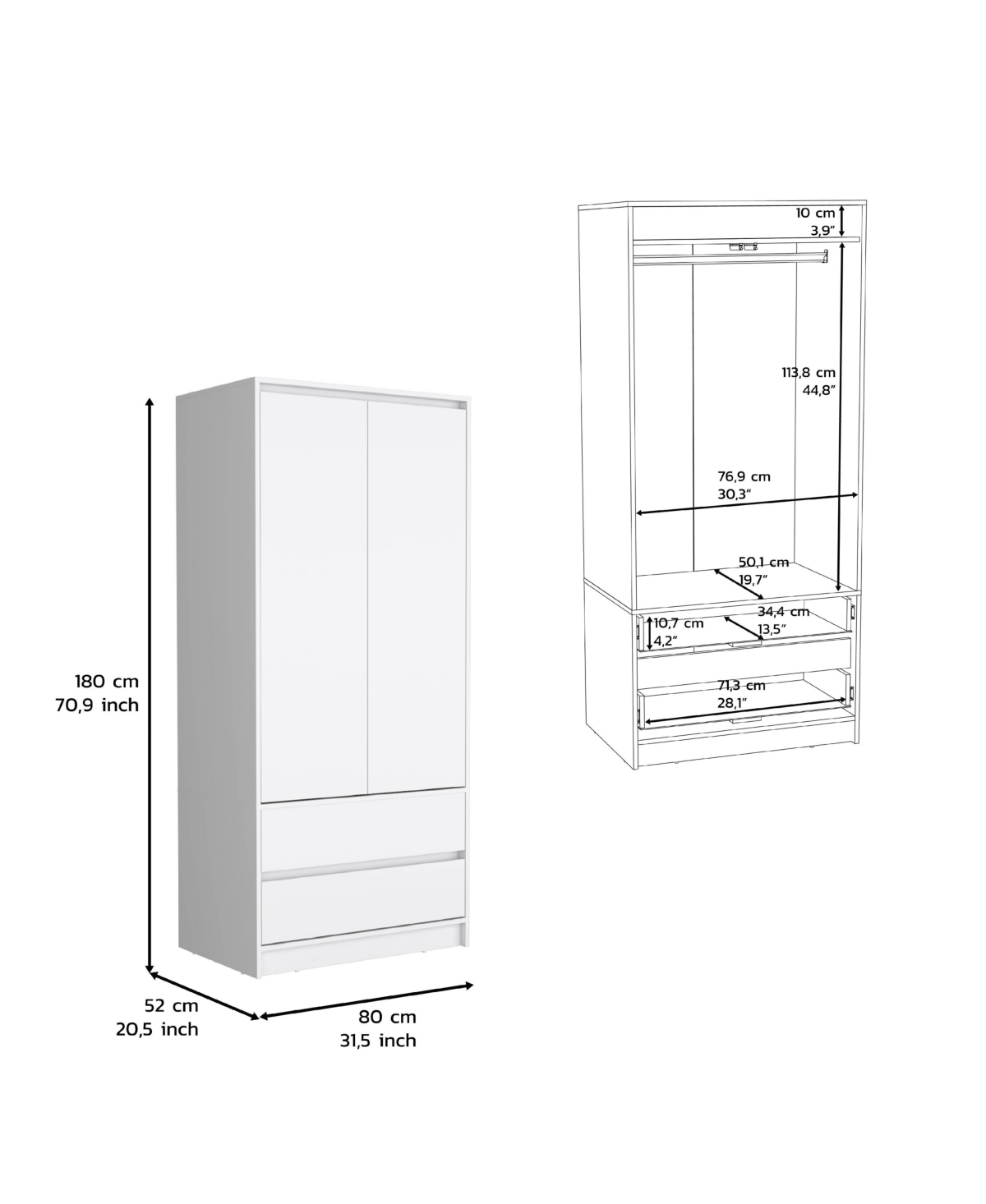 Depot E-Shop Palmer 2 Drawers Armoire, Wardrobe Closet with Hanging Rod,- White