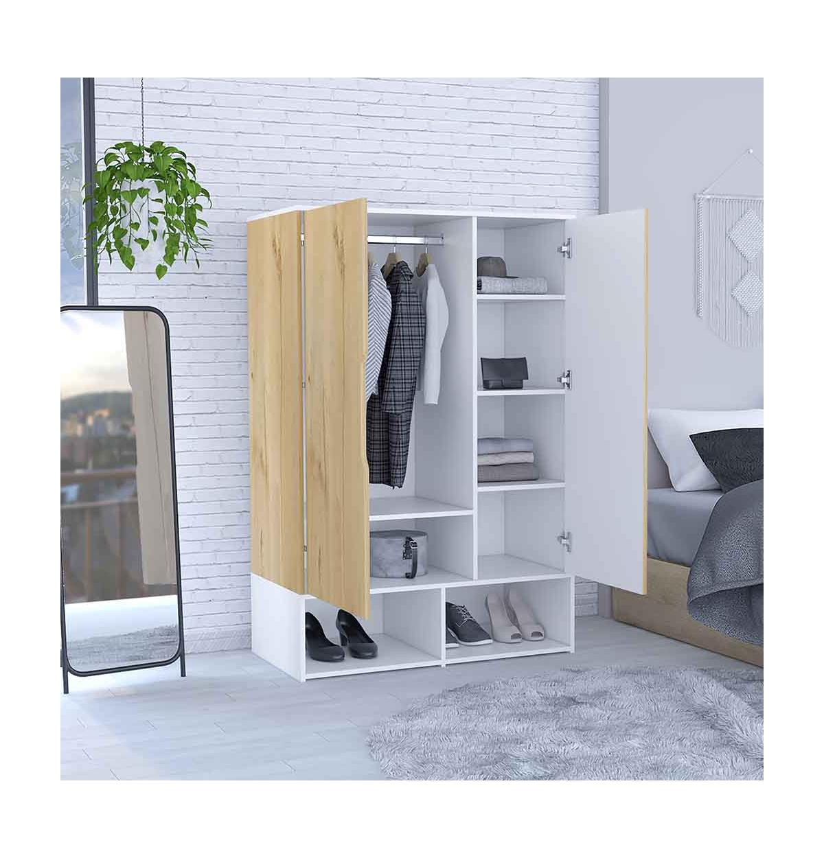 Depot E-Shop Bamboo Armoire, Double Door Cabinets, Five Shelves, Hanging Rod, Two Open Shelves,/ White - Light oak / white