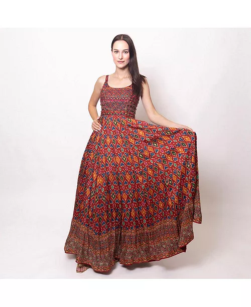 women's red patola print gown with embellishment on torso