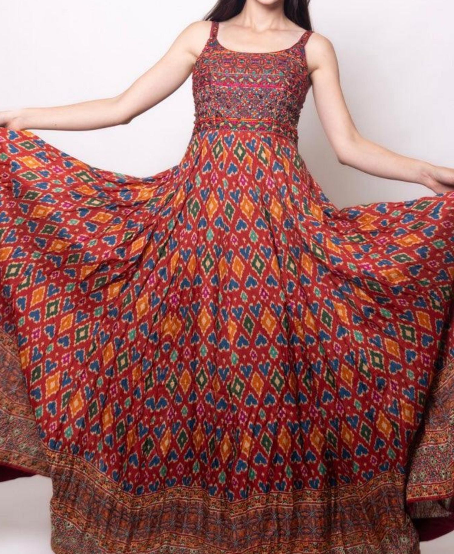 Women's Red Patola Print Gown with Embellishment on Torso