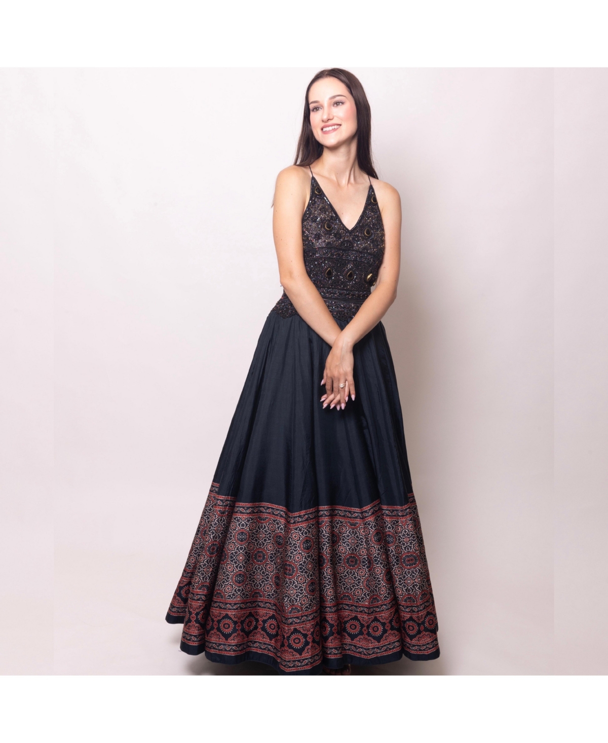 Women's Black Long Dress with Hand Embroidered Torso - Black