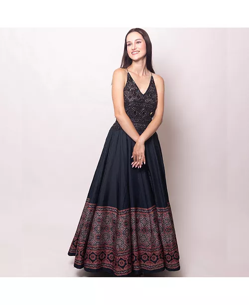 women's black long dress with hand embroidered torso
