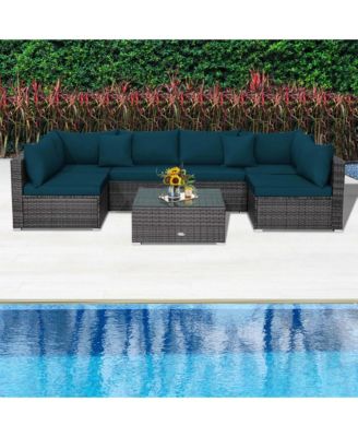 7PCS Patio Rattan Furniture Set Sectional Sofa Cushioned Garden Peacock