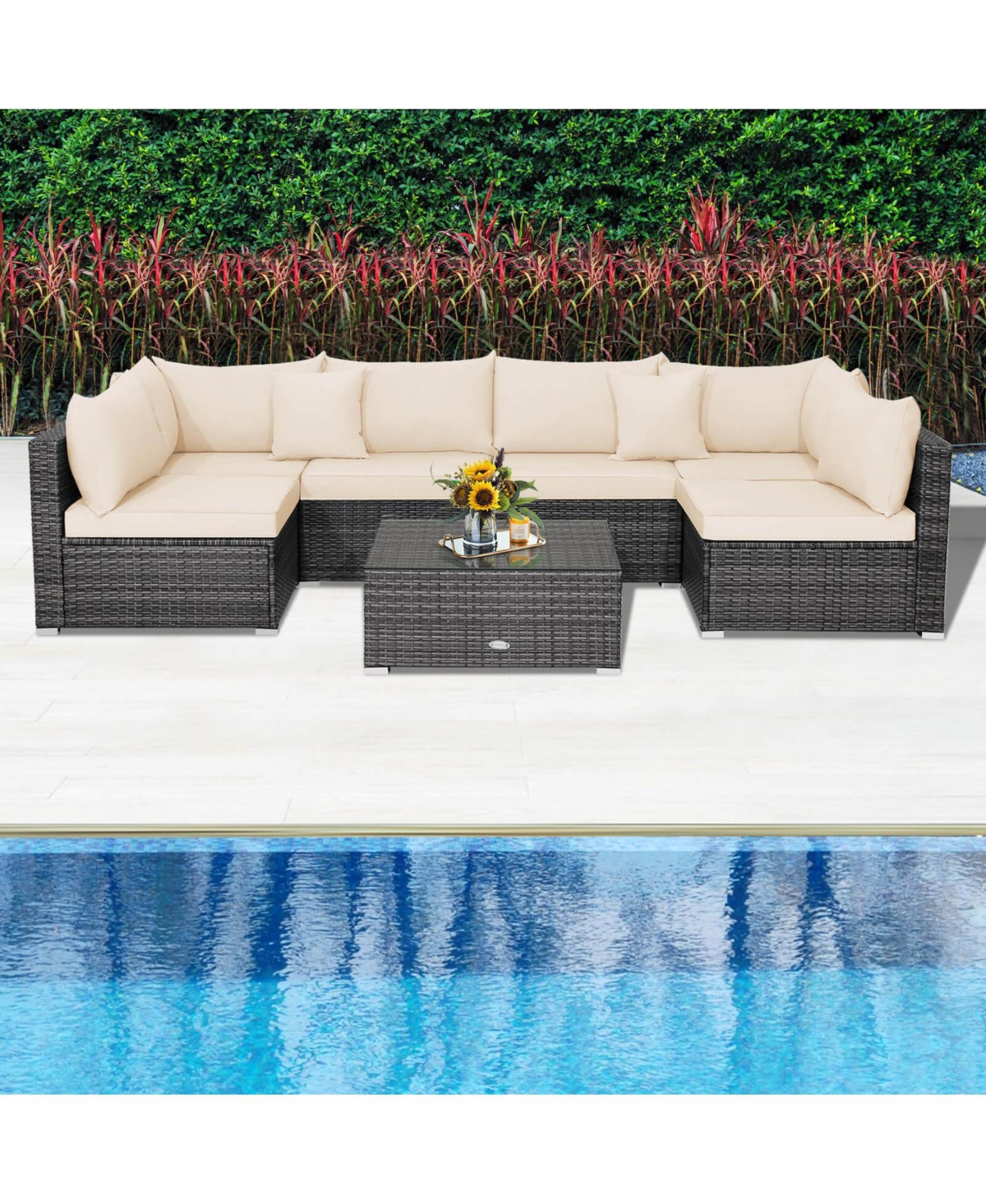 Costway 7PCS Patio Rattan Furniture Set Sectional Sofa Cushioned Garden Peacock -khaki