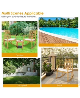 Patio Acacia Wood Rocking Chair Sofa with Armrest and Cushion for Garden and Deck