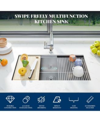 33" Undermount Kitchen Sink, Brushed Nickel Stainless Steel 16-Gauge Single Bowl with Track & Full Accessories for Bar or Family Kitchen