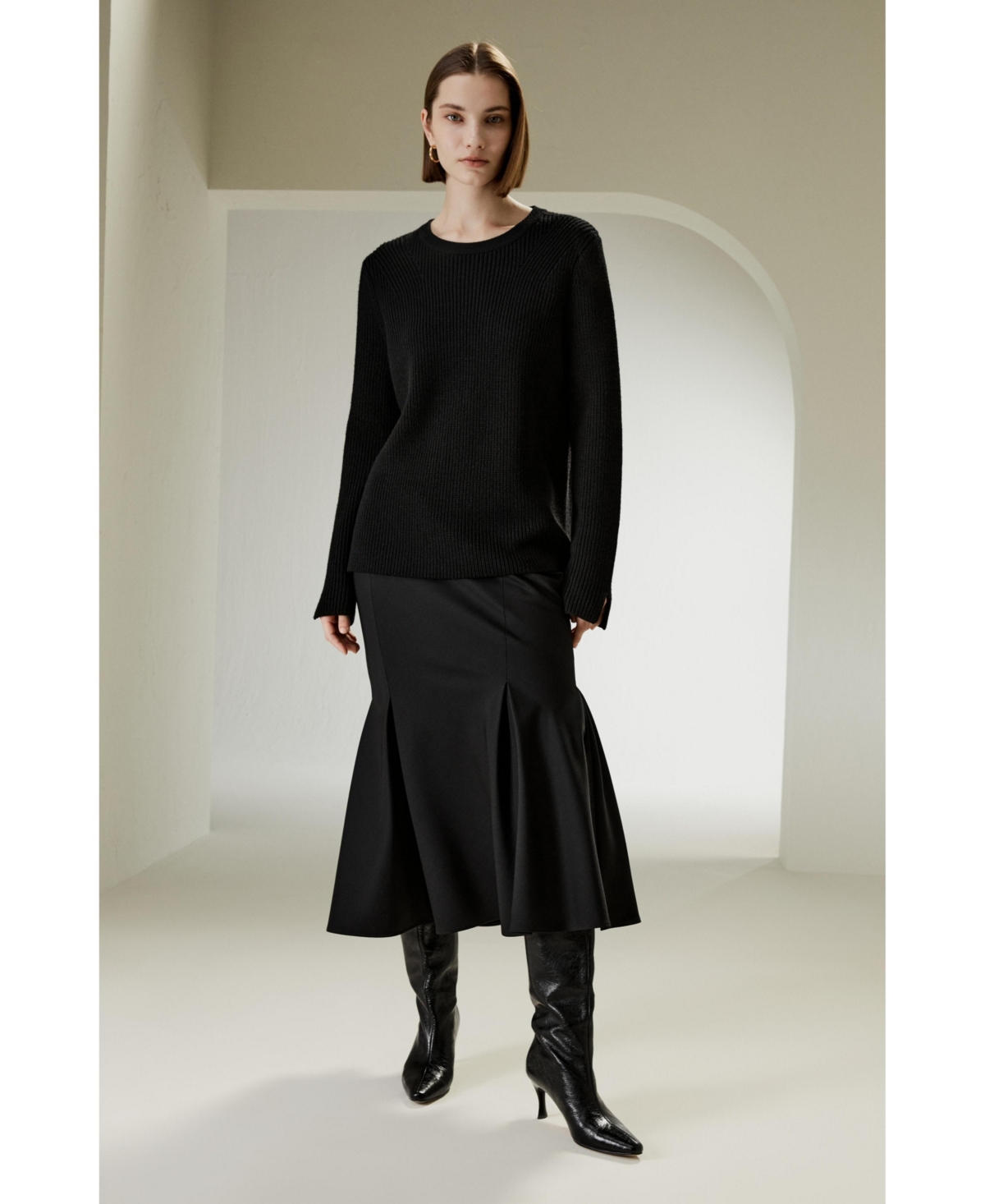 Lilysilk Women's Merino Wool Ribbed Slit Cuff Sweater