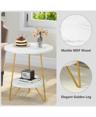 Faux Marble End Table Set of 2, 2 Tier Round Side Table with Shelves, Modern Gold Nightstand Bedside Table Small Coffee Accent Table for Living Room Bedroom, White and Gold