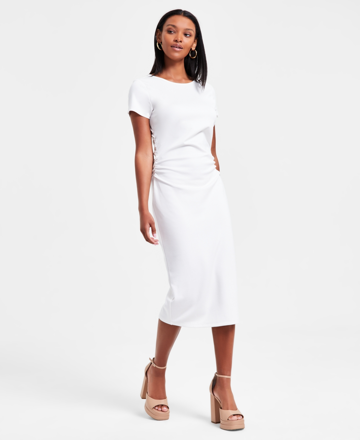 Women's Ruched Short-Sleeve Midi Dress, Exclusively at Macy's - Crema