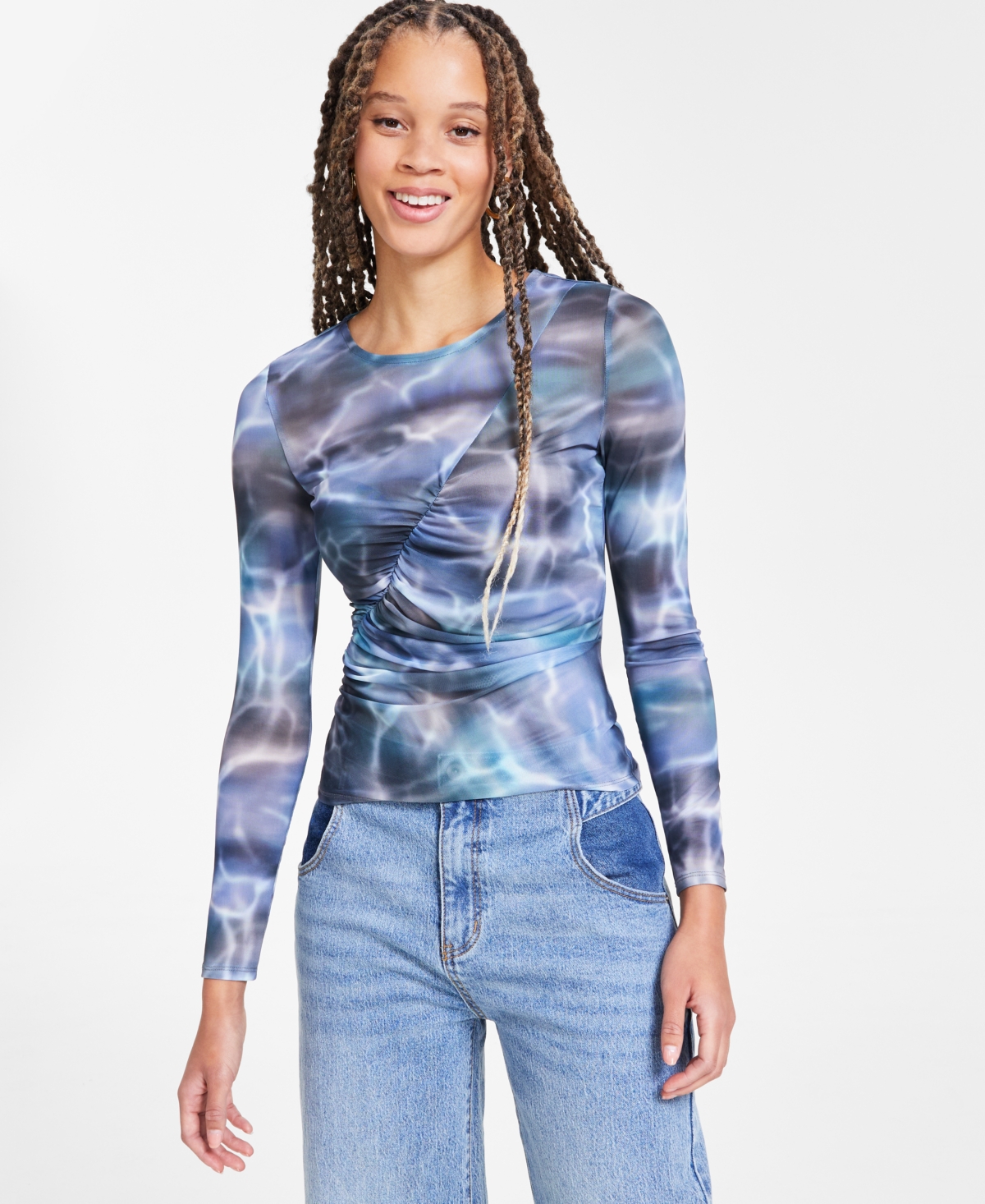 Bar Iii Trendy Plus Printed-mesh Long-sleeve Ruched Top, Exclusively At Macy's In Ombre Wave