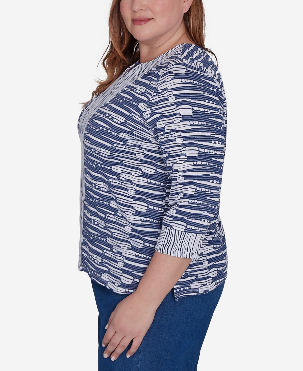 Alfred Dunner Plus Size Lake Victoria Split Neck Spliced Texture Top