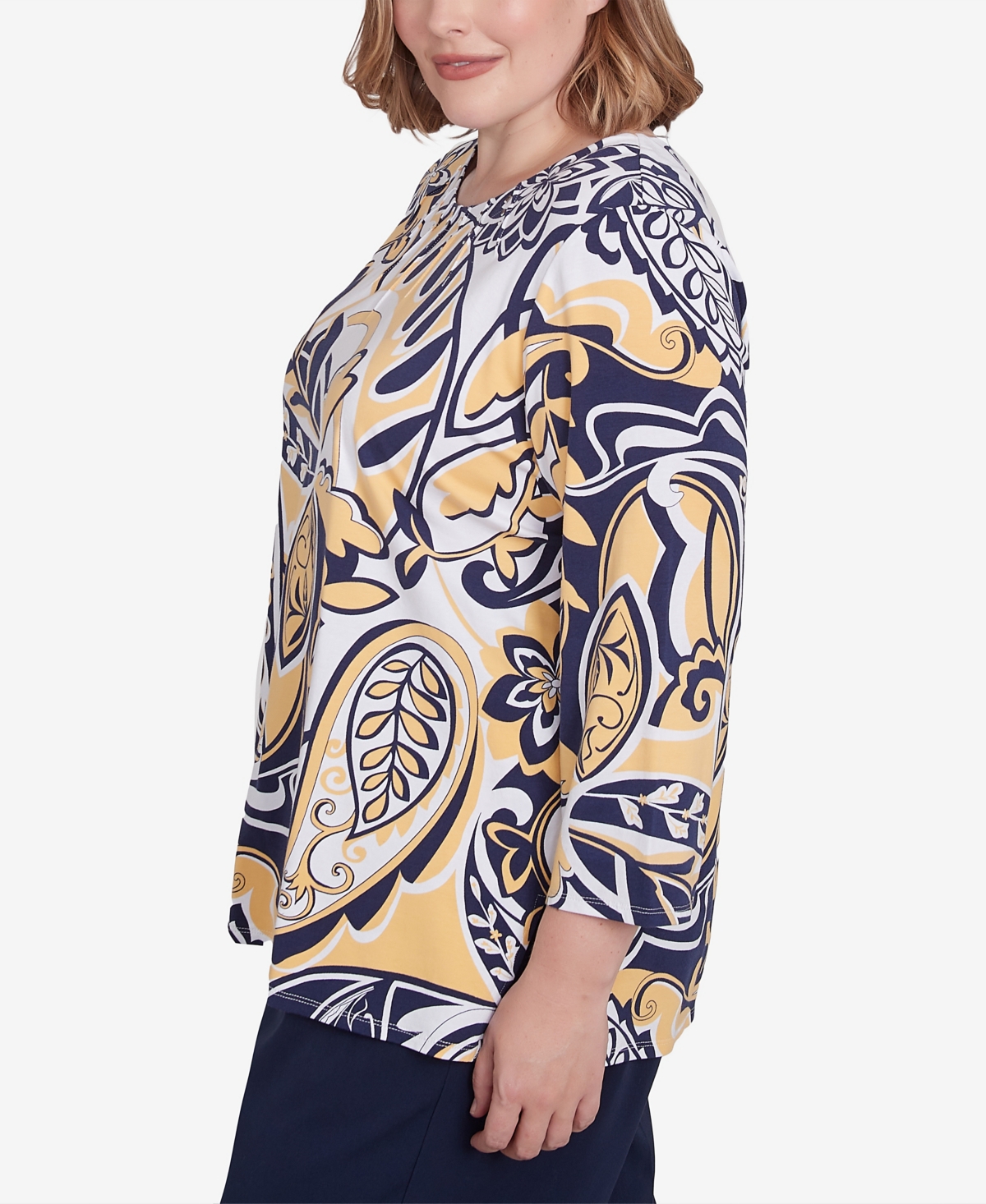 Alfred Dunner Plus Size Block Island Dramatic Paisley Crew Neck Top In Multi Yellow