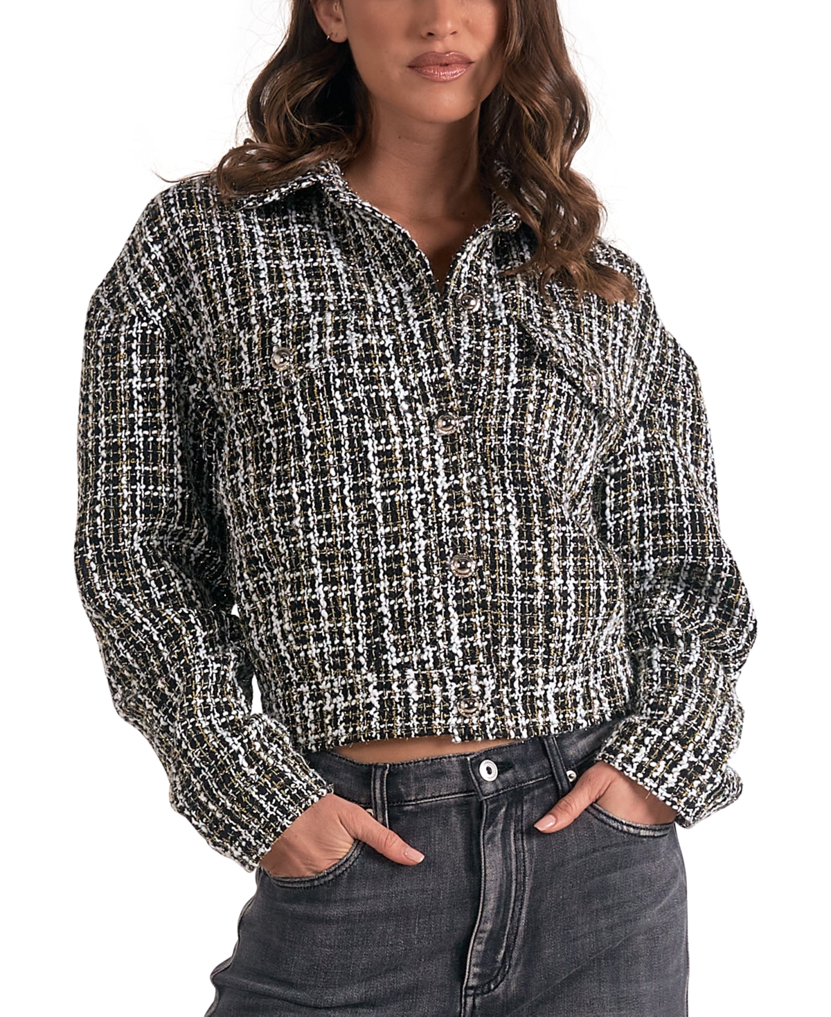 ELAN WOMEN'S METALLIC BUTTON-FRONT LONG-SLEEVE BLAZER 