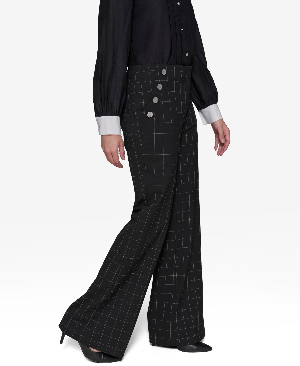 Karl Lagerfeld Paris Women's Sailor Windowpane Wide-Leg Pants -sft Wt