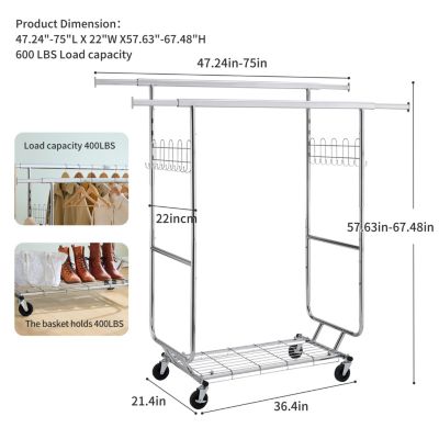 5-Minute Assembly, Adjustable, Heavy-Duty Clothing Rack with Casters