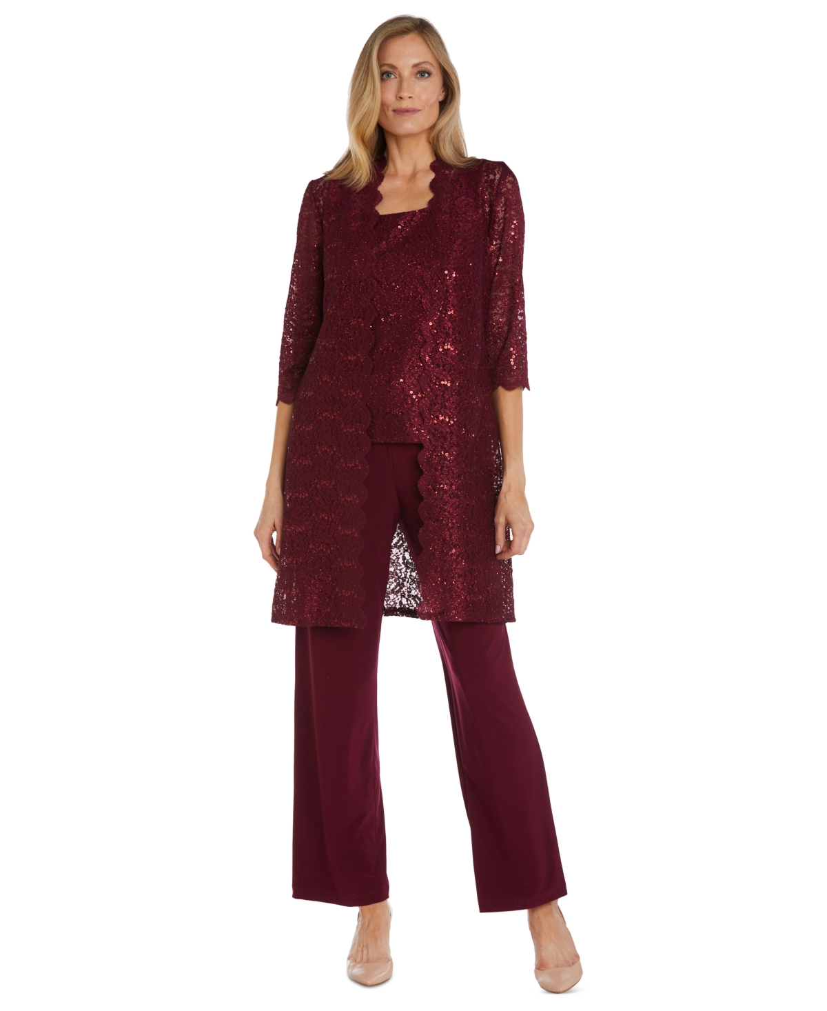 R & M Richards 3-pc. Sequined Lace Pantsuit & Jacket In Merlot