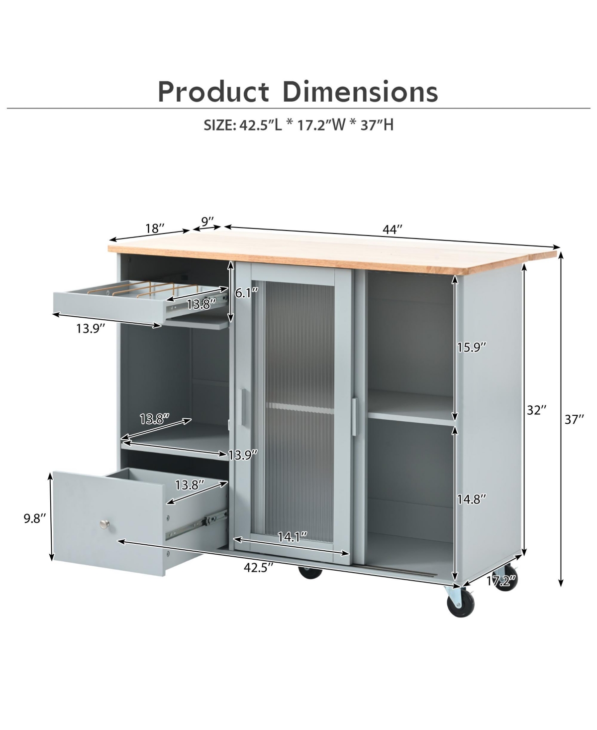 Streamdale Furniture Blue Kitchen Island Cart With Led Light And Drop Leaf - Grey+blue