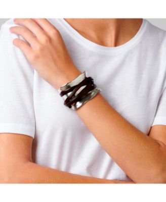 Sterling Silver Plated Brown Leather Strap Bracelet