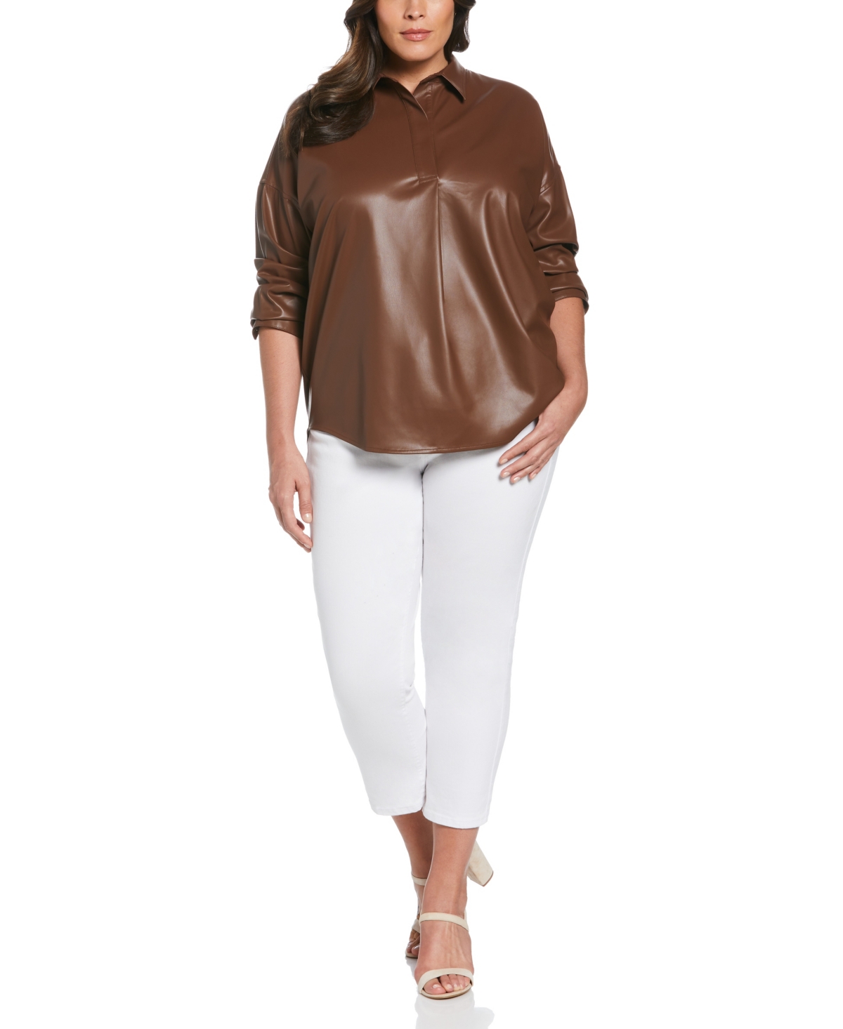 Ella Rafaella Plus Size Faux Leather Popover Long Sleeve Top