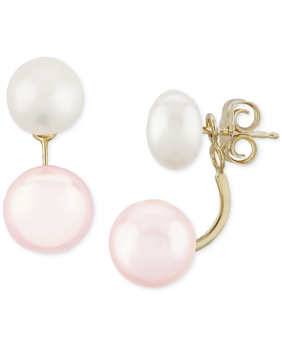 Macy's Two Tone Pearl (8.5mm) Front & Back Earrings In 14k Yellow Gold In Pink,white
