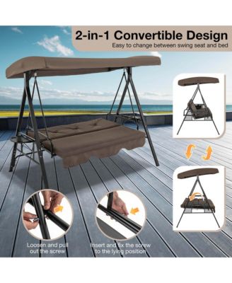 3-Seat Patio Porch Swing with Adjustable Canopy Soft Seat Back Cushions Side Tables