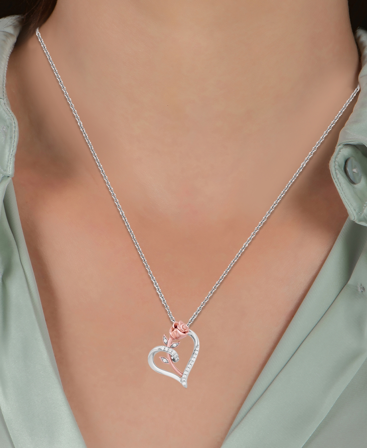 Disney Enchanted Vault Diamond Belle Rose Heart 18" Pendant Necklace (1/10 Ct. T.w.) In Sterling Silver & 10k Rose Gold In Sterling Silver  Rose Gold