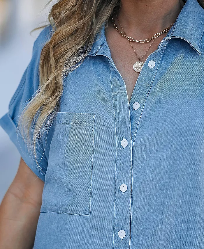 Women's Denim Short Sleeve Button Down Cover Up Dress - thumbnail 6