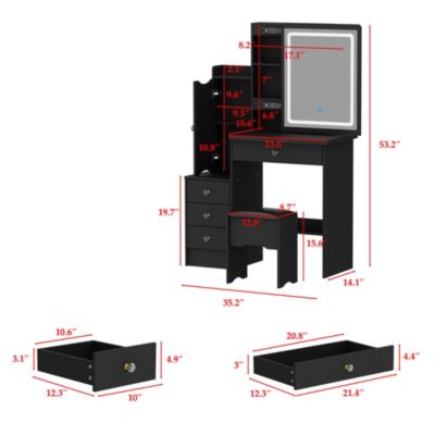 4-Drawer Vanity Set – Wood Makeup Table with LED Sliding Mirror, Stool, Cabinet & Shelves